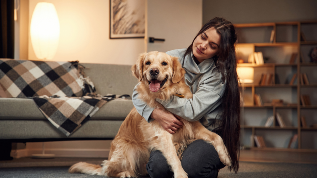 Woman hugging a happy golden retriever in a cozy living room setting.