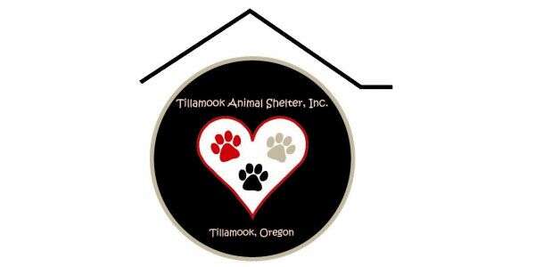 Logo of Tillamook Animal Shelter with red, black, and gray paw prints in a heart shape.