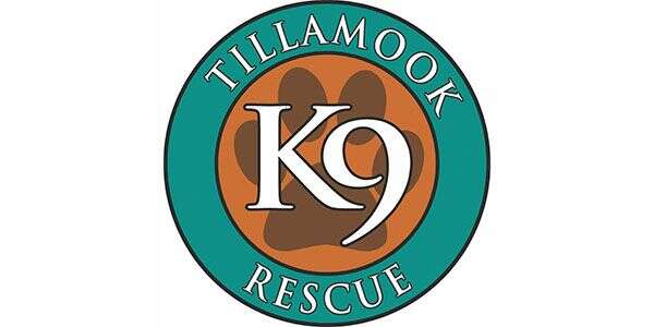 Logo of Tillamook K9 Rescue with a dog paw print in the background and text encircling it.